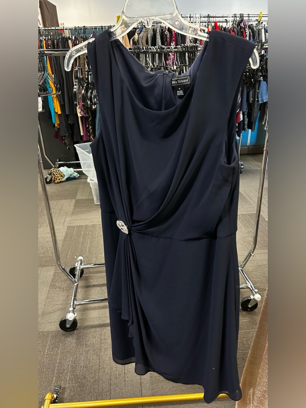 Jessica Howard Navy Sleeveless Draped Midi Dress with Brooch Accent